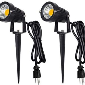 Outdoor Landscape LED Lighting 5W Waterproof Graden Lights COB Led Spotlights with Spiked Stand for Lawn Decorative Lamp US 3- Plug 3500K Warm White Lights (2 Packs)