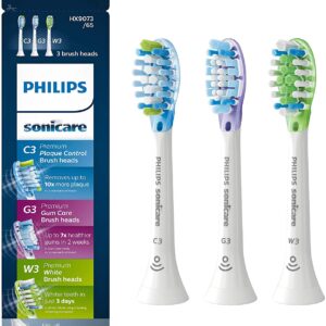 Genuine Philips Sonicare toothbrush head : C3 Premium Plaque Control, G3 Premium Gum Care & W3 Premium White, HX9073/65, 3 pk, White